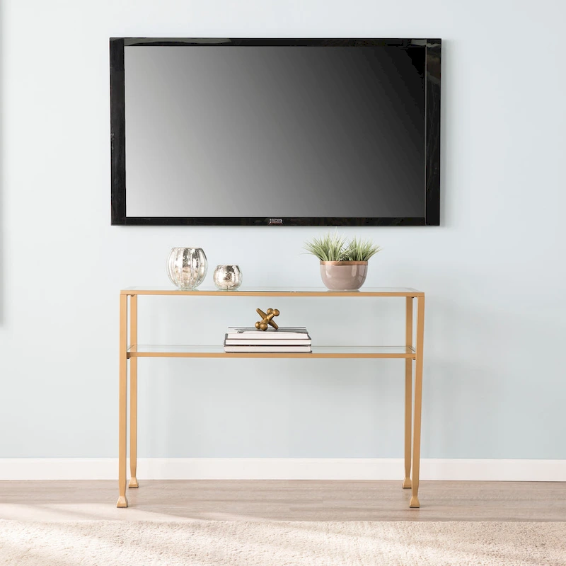 SEI Furniture Price Matte Gold Metal Console Table with Shelf and Tempered Glass
