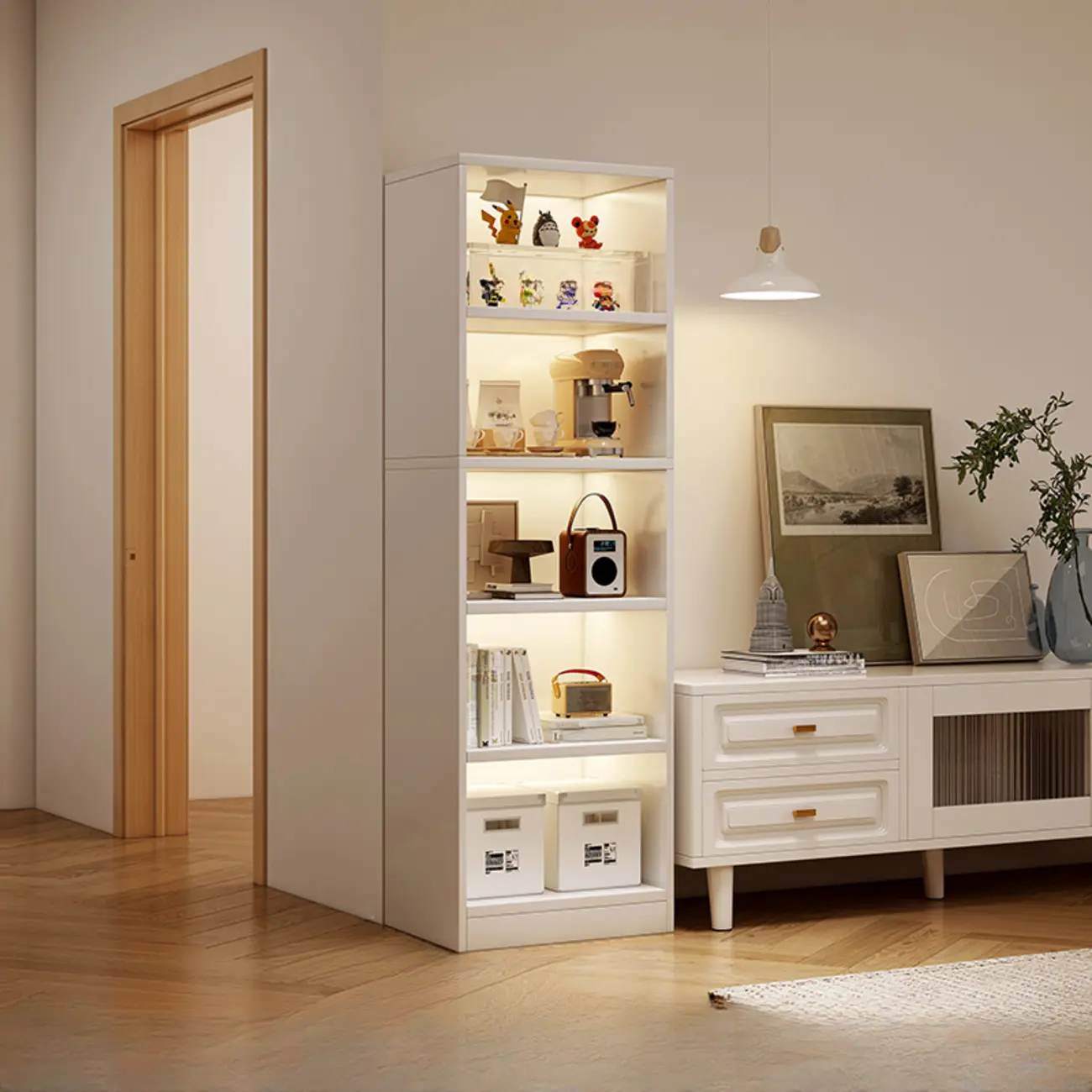 Tall Gray 4-Tier Open Back Wood Bookshelf with Drawer