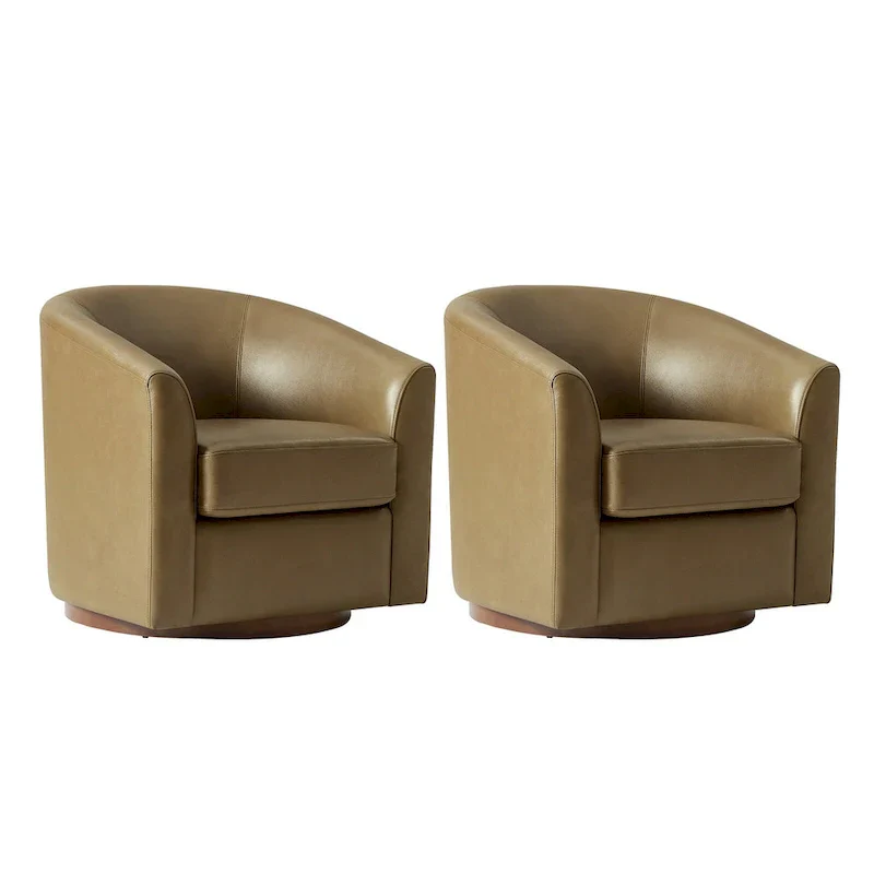 Brown Genuine Leather Swivel Barrel Chairs - Set of 2