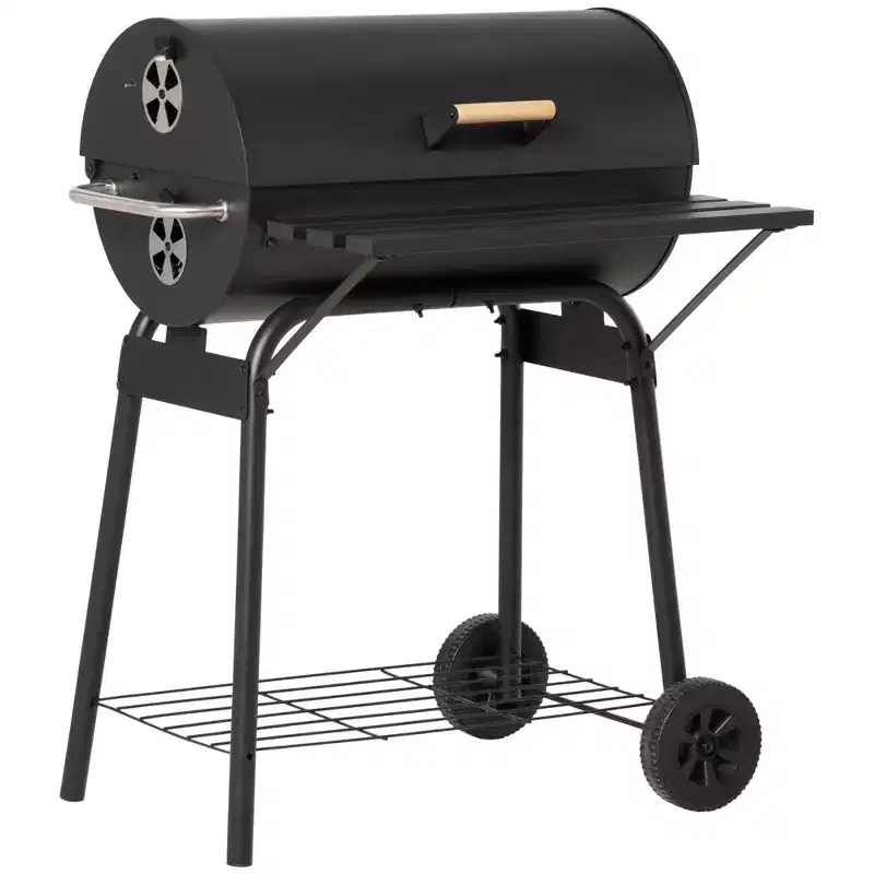 Okak 30IN Portable Barrel Charcoal BBQ Grill, Outdoor Grill with Storage Shelf and Wheels, Smoker Grill for Garden Camping Picnic, Black