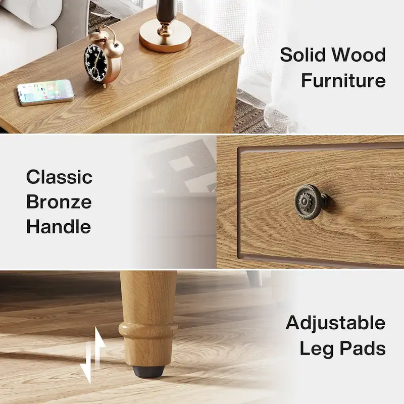 Solid Wood End Table with 3 Drawers, Fully Assembled Narrow Side Table