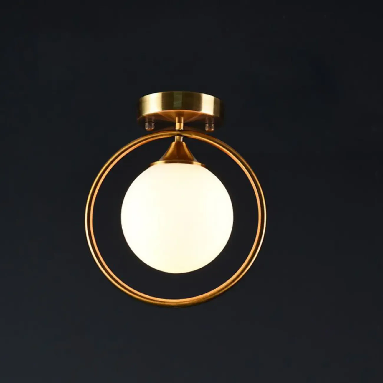 1-Light Circular Brass Glass Ball Semi Flush Ceiling Light