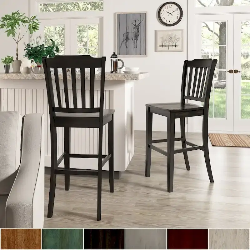 Slat Back Bar Height Chairs Set of 2 | Solid Wood, Counter Stool, Kitchen & Dining