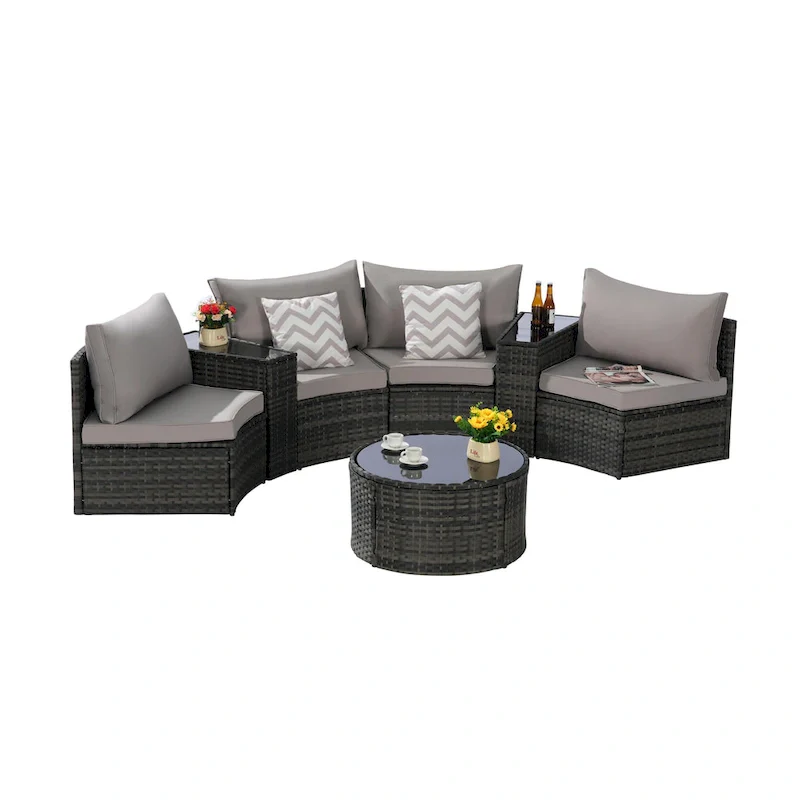 7-Piece Half-Moon Sectional Sofa Set with Glass Table