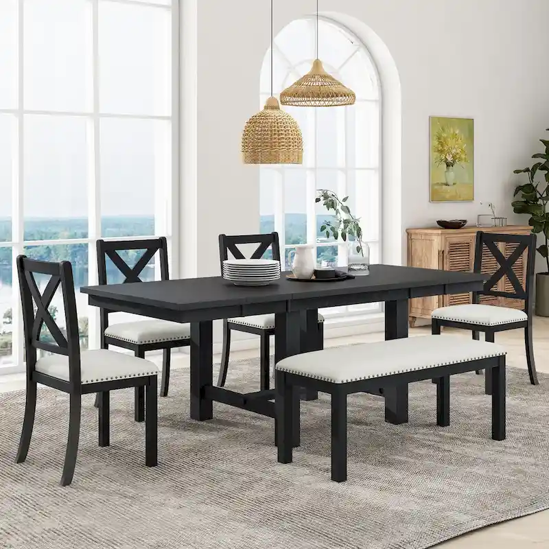 Black 6-Piece Wooden Dining Table Set with Extendable Table & 4 Chairs & Bench