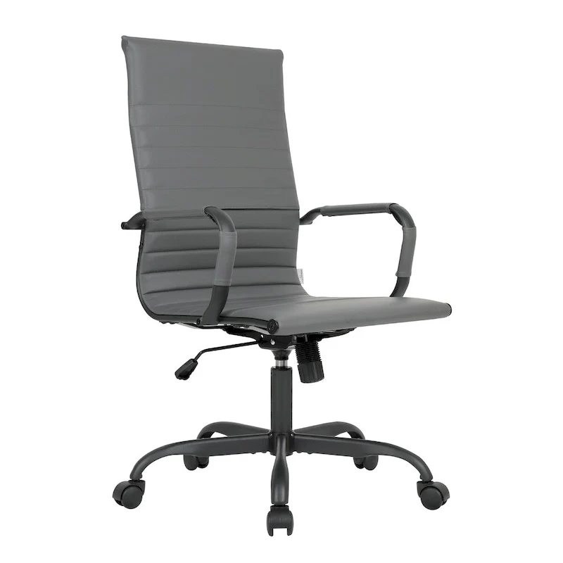 Ribbed Leather Adjustable High-Back Office Swivel Chair in Black Metal Frame