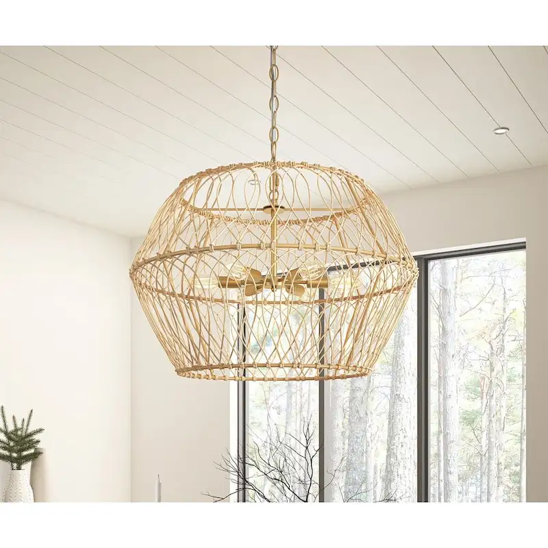 Vintage Gold 6-Light Geometric Handwoven Rattan Pendant Light Fixture