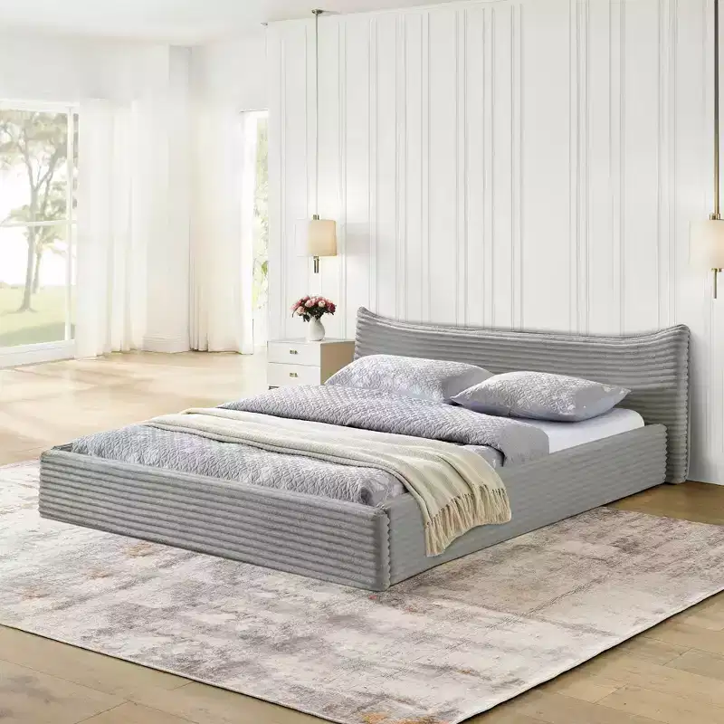 MAYEERTY Queen Size Upholstered Bed Frame with Chenille Fabric with Pleated Headboard Solid Frame for Bedroom Gray