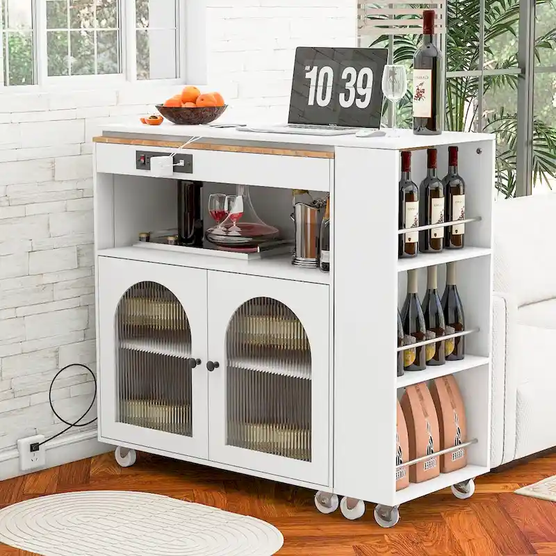 LED Lights Kitchen Island Cart With Extended Table and Power Outlets