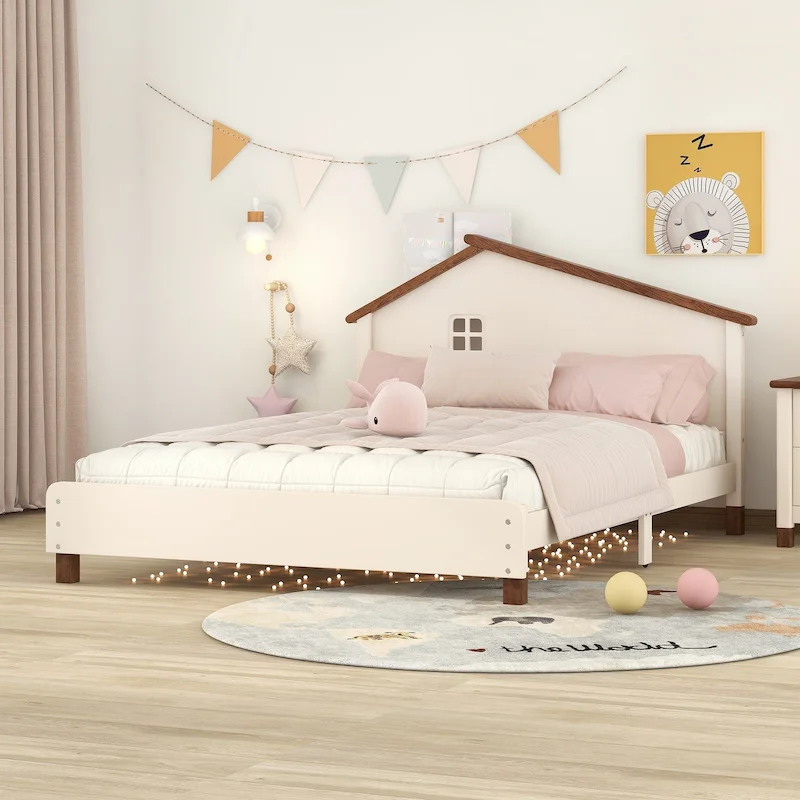Cream/White House-shaped Headboard Full Size Wood Platform Bed for 1