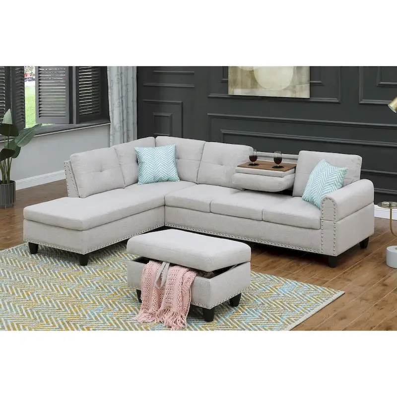 White/Beige L-Shaped Left-Facing Sectional Sofa & Chaise with Ottoman, Seats 3–4