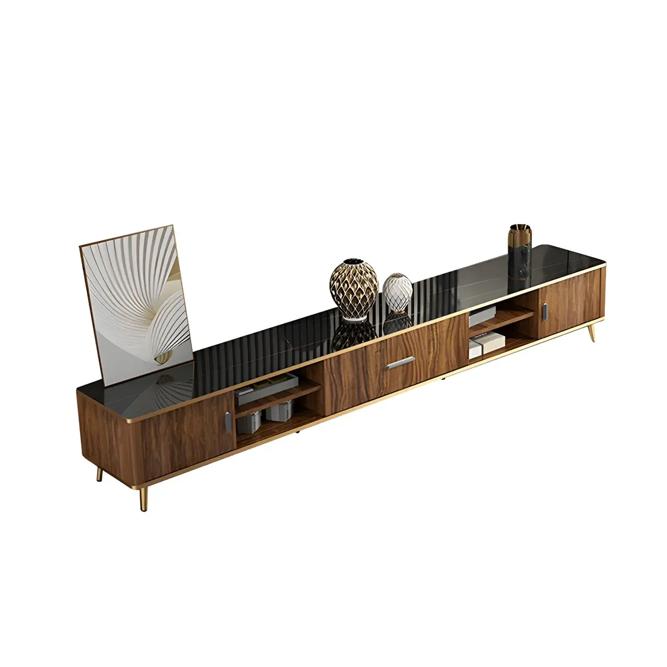 87 Glam Brown Stone Top Solid Wood Open Shelf TV Stand