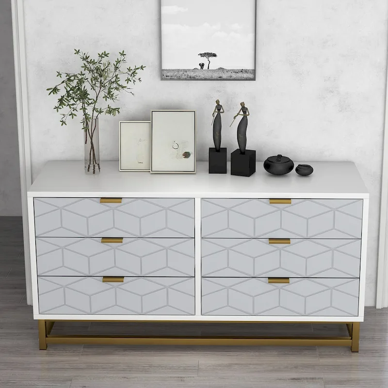 6-Drawer Dresser with Gold Metal Legs - White Wood