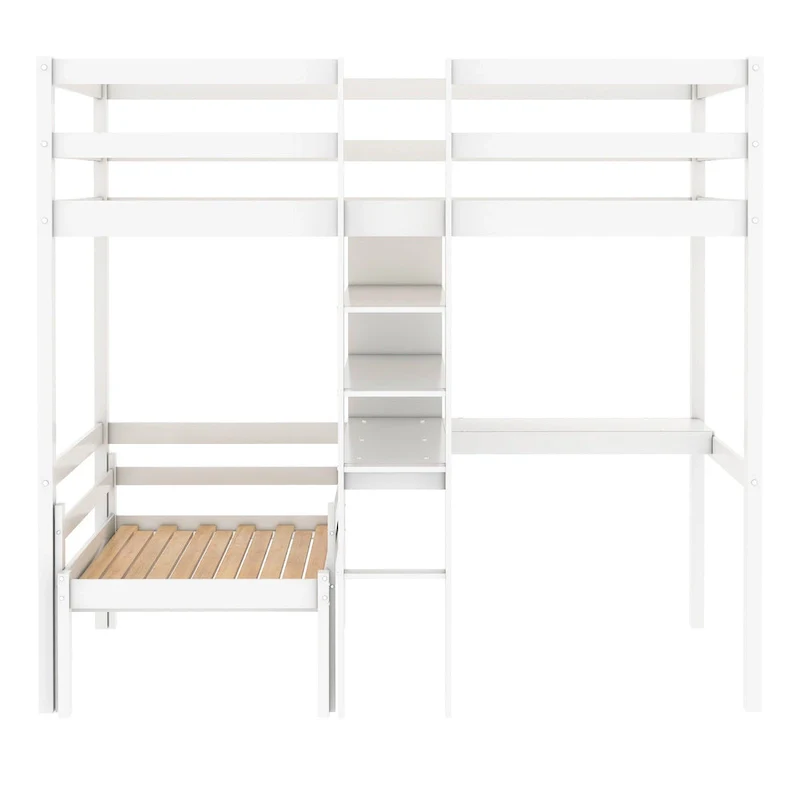 White Twin Bunk Bed with L-Shape Desk, Shelves & Ladder – Sleeps 2