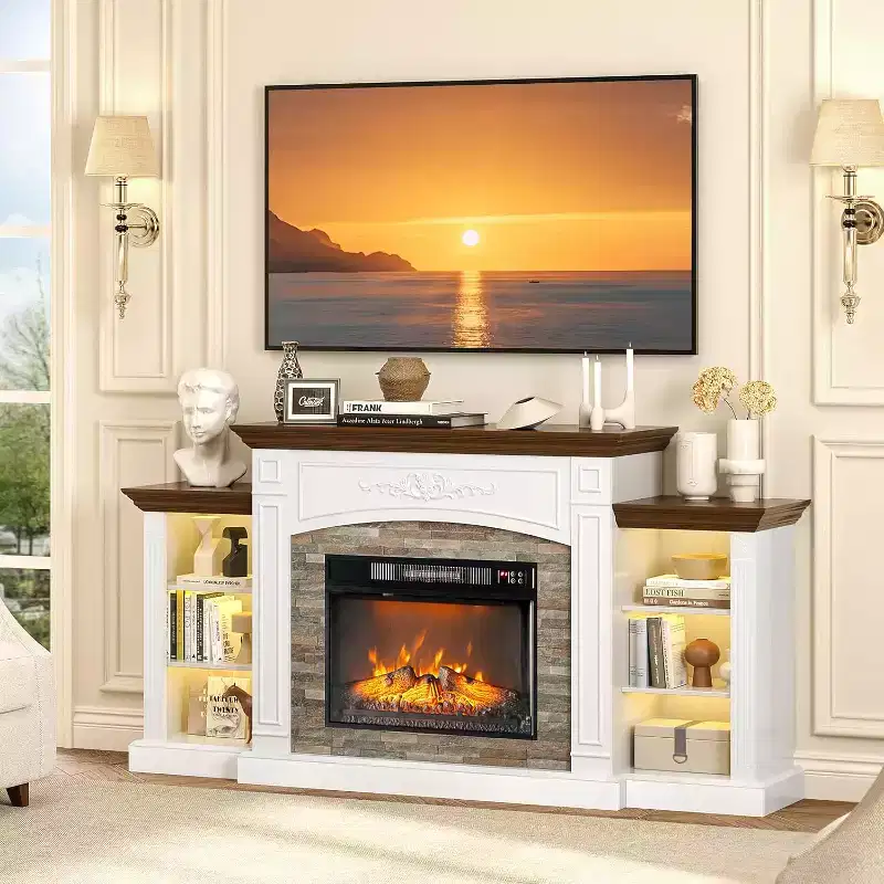 VINGLI 70'' Fireplace TV Stand for 80 inch TVs, Electric Fireplace with Mantel, Modern Entertainment Center with LED