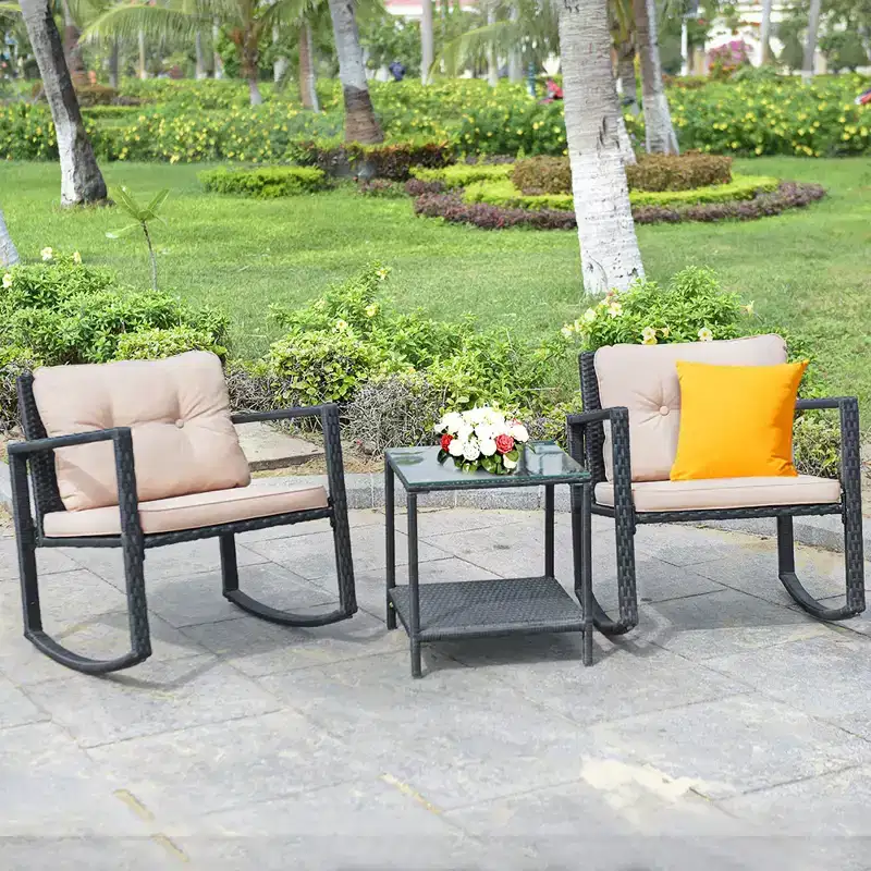 Costway 3-Piece Patio Wicker Bistro Furniture Set w/ 2 Rocking Chairs, Glass Side Table, Cushions Red/Beige