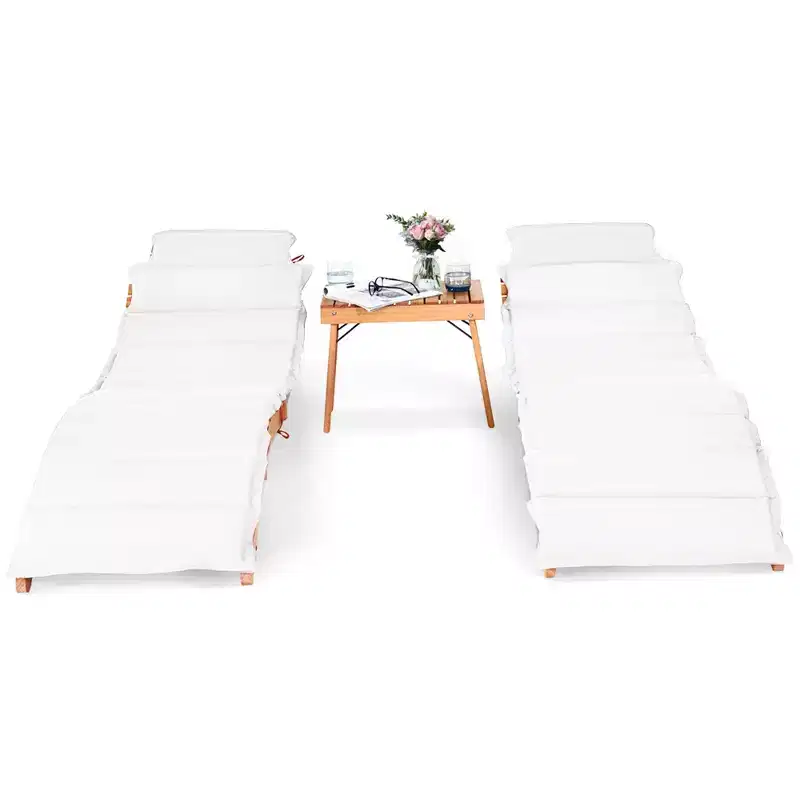 Costway 3PCS Wooden Folding Lounge Chair Set Cushion Pad Pool Deck