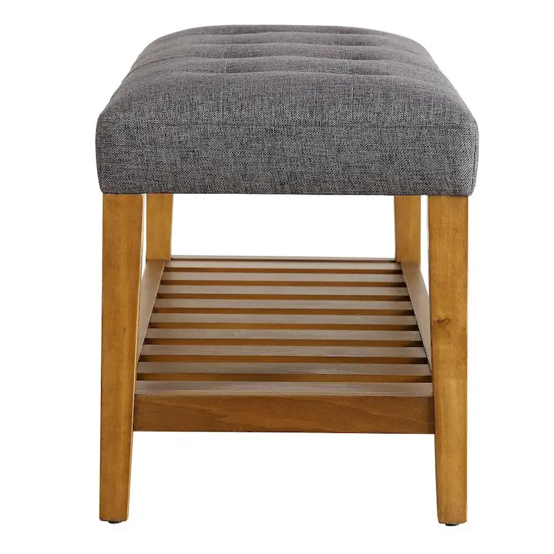 Gray & Oak Fabric Upholstered Bench with Bottom Shelf