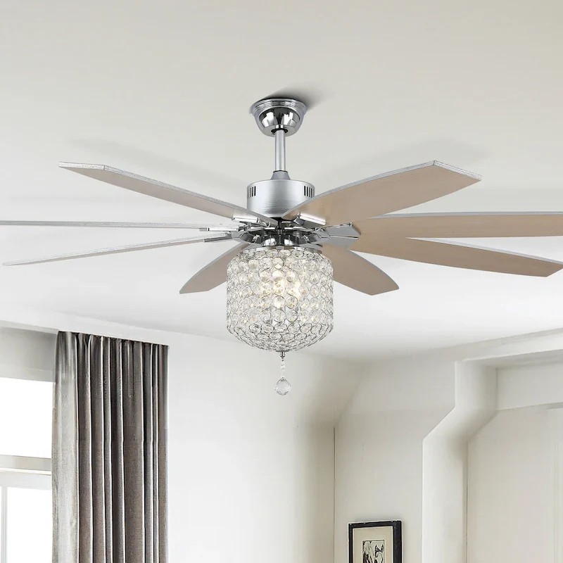65  Large Crystal Ceiling Fan with Chorme Finish, 8-Blades 3 Lights w Crystal Shade, Quiet DC Motor w Remote Control