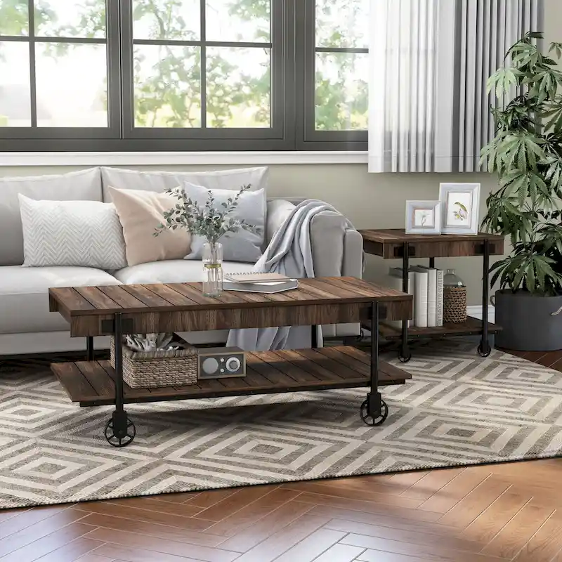Black Farmhouse Steel 2-Piece Coffee Table Set with Wheels