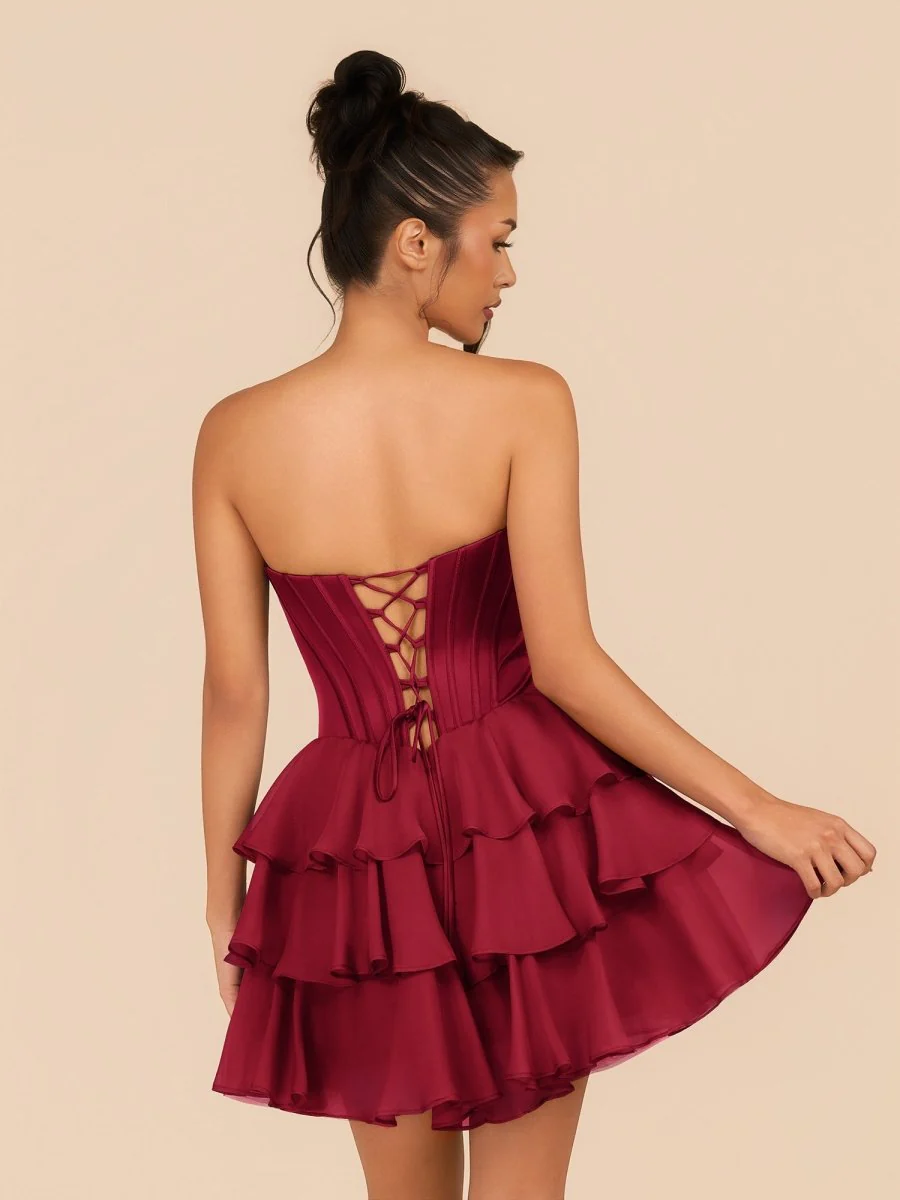 Burgundy – Strapless A-Line Homecoming Dress with Ruffles and Beading