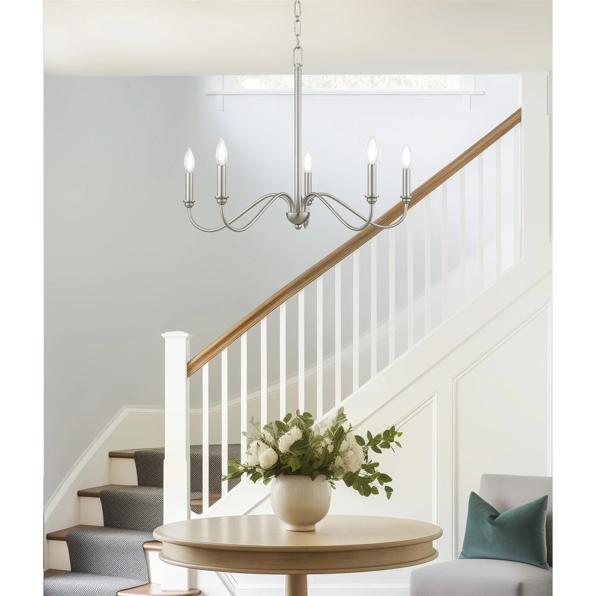 Kira Home Archer 28 5-Light Large Modern Chandelier + Curved Arms, Adjustable Hanging Height, Brushed Nickel Finish