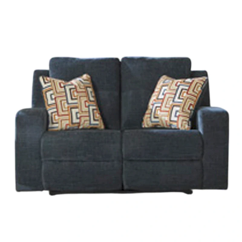 Manual Reclining Loveseat, Navy Blue Fabric, 2 Pillows, 64 Inch