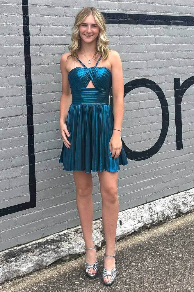 Gloden A-Line Metallic Spaghetti Strap Pleated Homecoming Dress