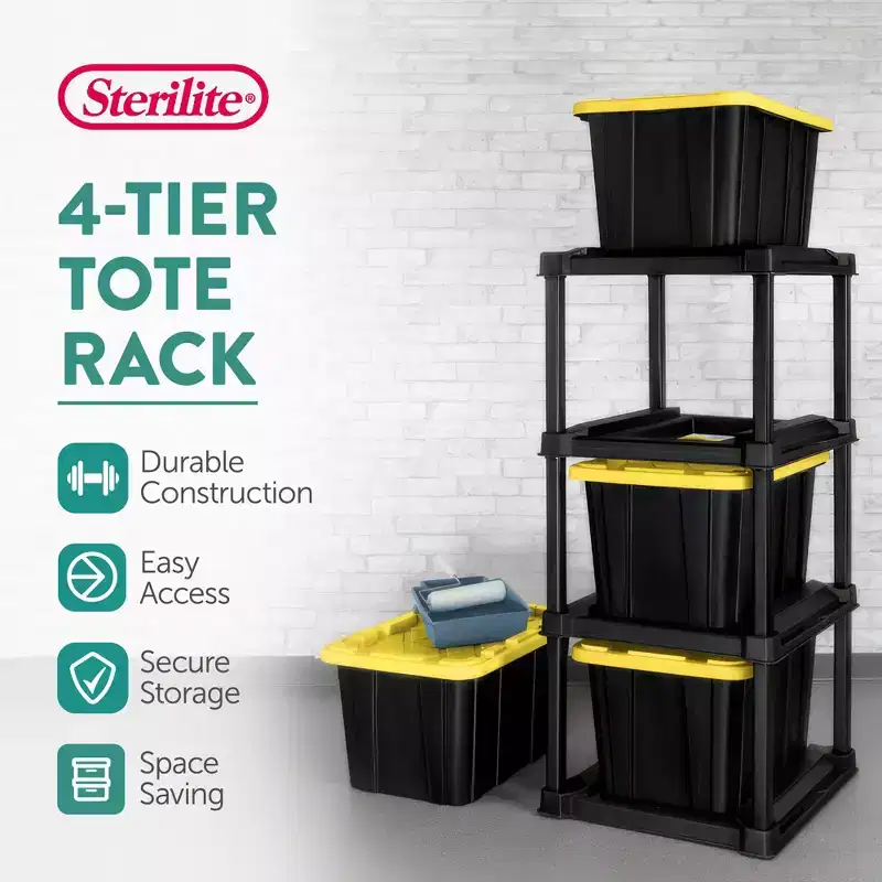 Sterilite 4 Tier Tote Rack, Vertical Garage or Basement Storage Organizer, Black