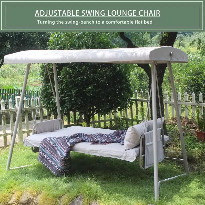 Whisen 93.8 in. W 3-Person Metal Patio Swing Chair Swing Bed with Cushion and Adjustable Canopy