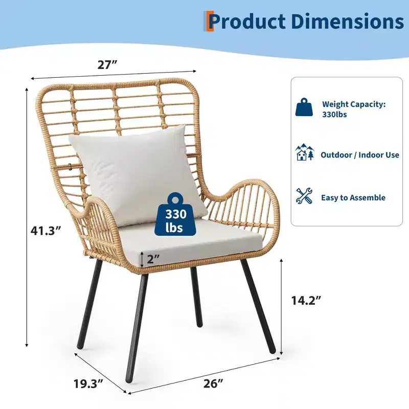 Wicker Chairs Outdoor Set of 2, Indoor/Outdoor Wicker Furniture Patio Chair, All-Weather Club Chair with Water-Resistant Cushions, Boho, Brown
