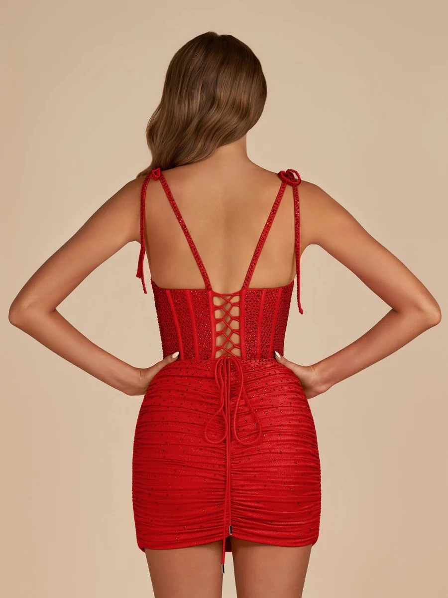 Red - Bodycon Scoop Neck Beaded Satin Corset Homecoming Dresses with Bow Straps