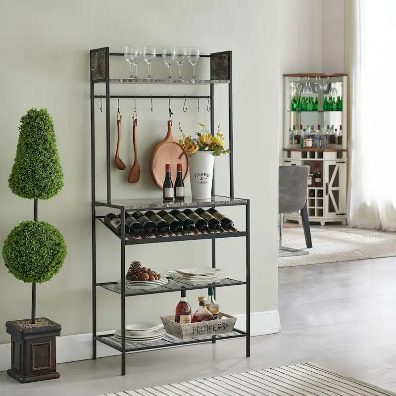 Black Marble Bakers Rack - Microwave Stand for Kitchen with Wine Bottle Capacity & Hooks -Black