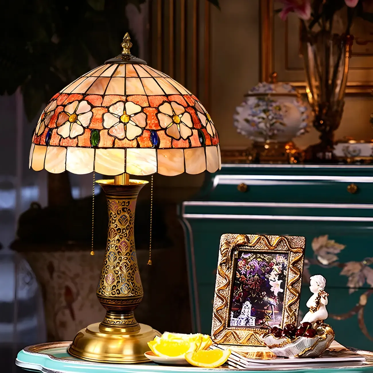 Antique Brass 2-Light Stained Glass Dome-Shape Table Lamp