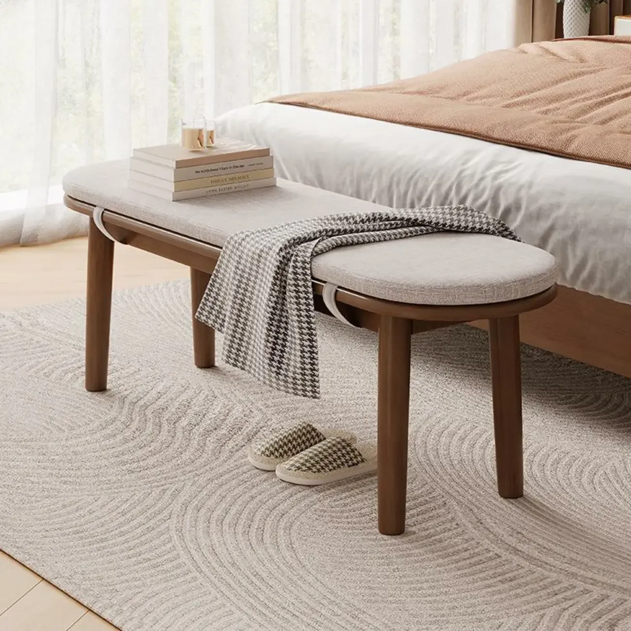 Art Deco Natural Wood Solid Color Bench with Straight Legs