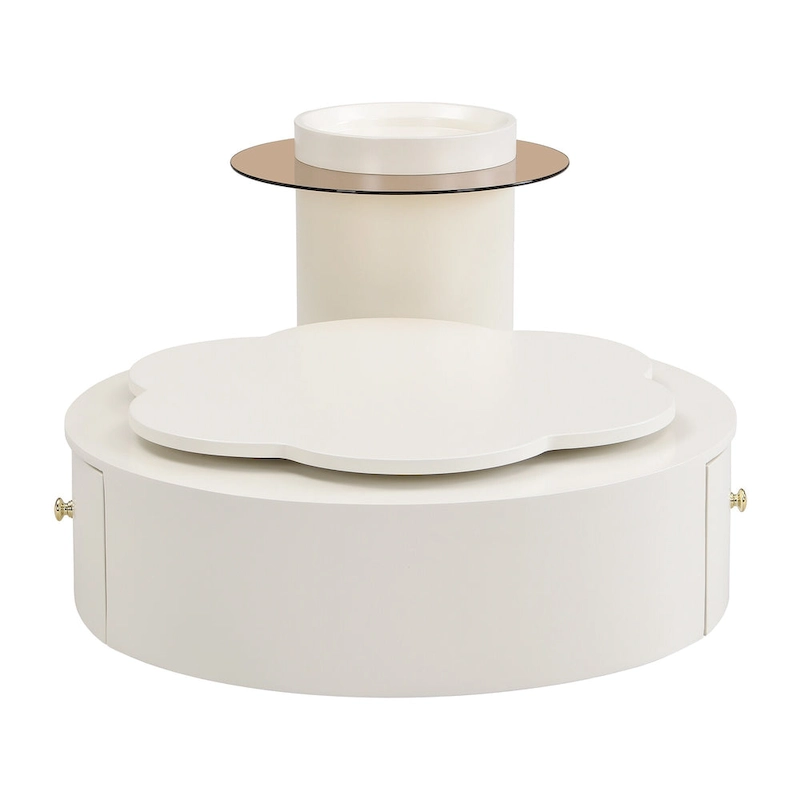 Modern Round Coffee Table Set of 2, 360-Degree Rotatable Flower-shaped Top with 2 Drawers, Top Circle Side Table with Glass