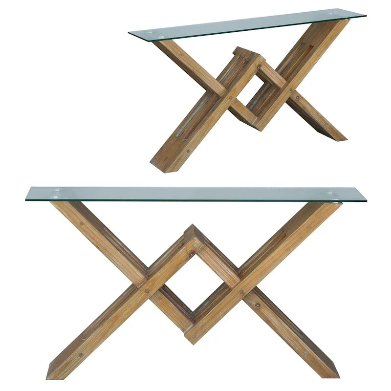 Burnished Acacia Wood Console Table with Glass Top - 58x16x34