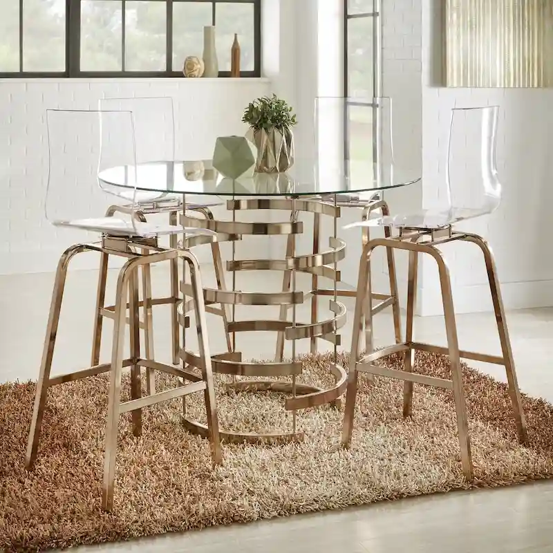 Champagne Gold / Chrome 5-Seat Round Glass Top Counter Height Dining Set