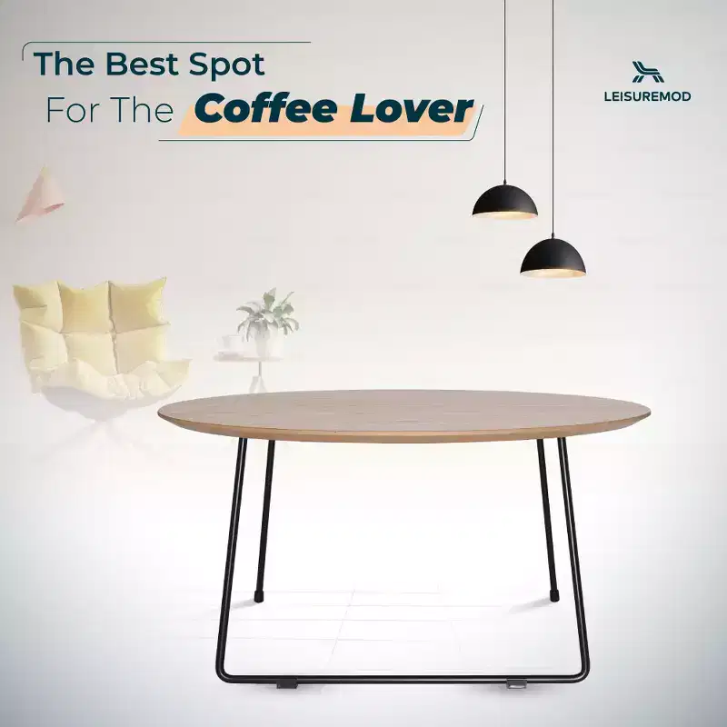 LeisureMod Pembroke Mid-Century Modern Round Coffee Table with Powder-Coated Iron Frame, Natural Wood Top