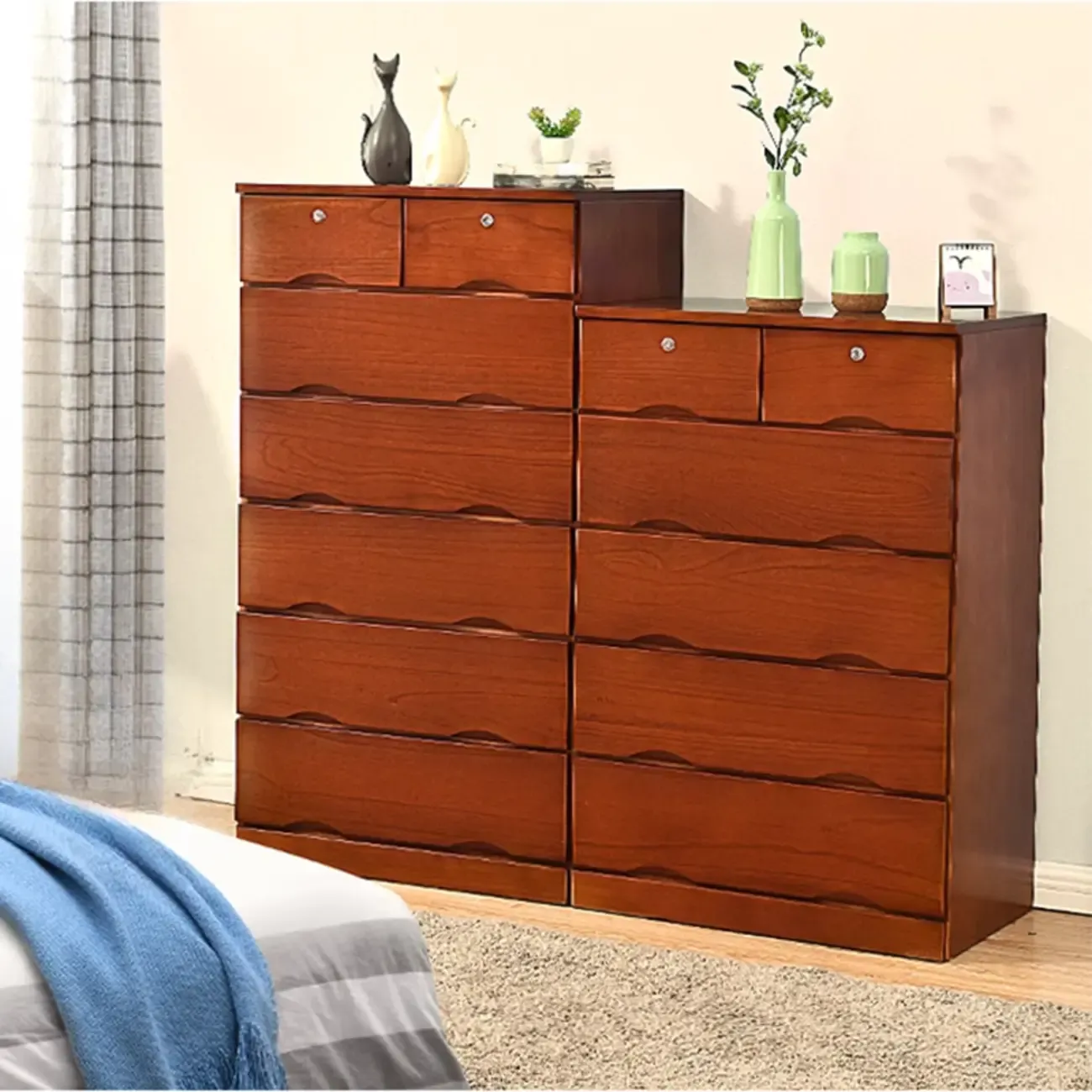 Natural Wood Double Dresser with Lockable Drawer