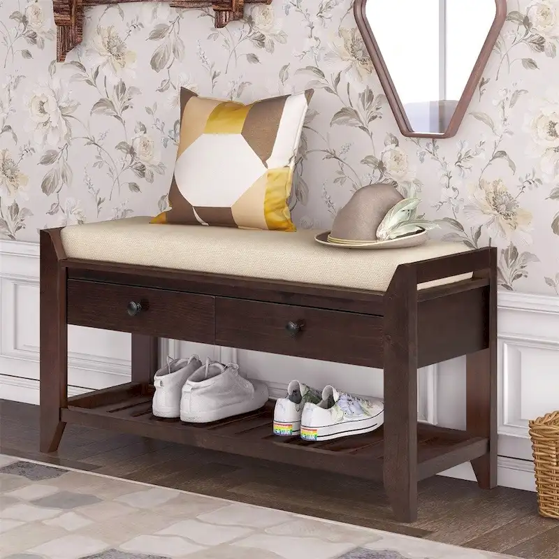 Pine Wood Cushioned Shoe Rack Bench with 2 Drawers