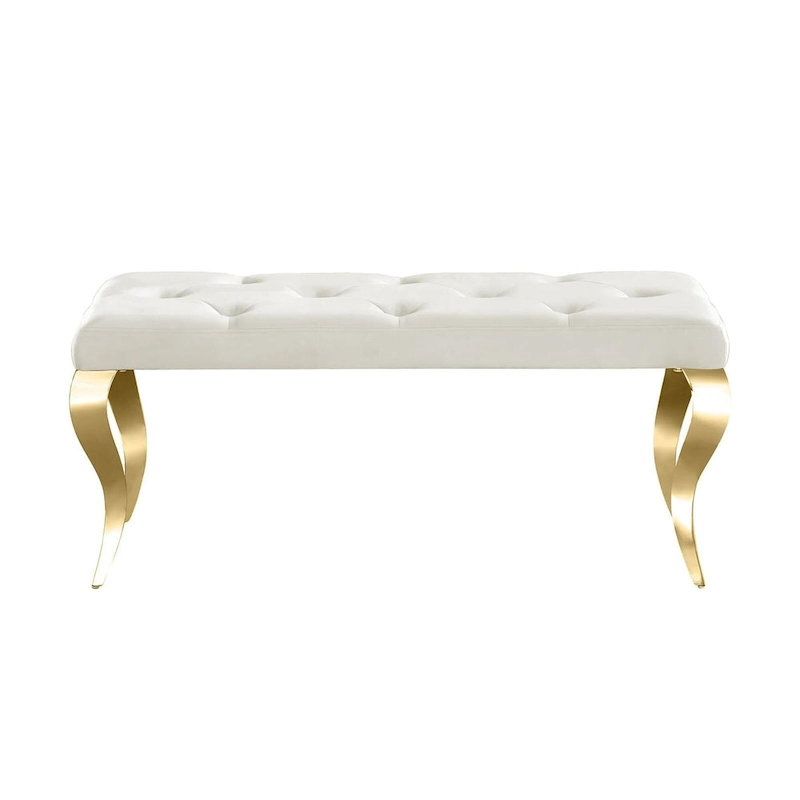 Luxury Velvet Bench Button Tufted Upholstered Dining Bench with Polished Metal Legs