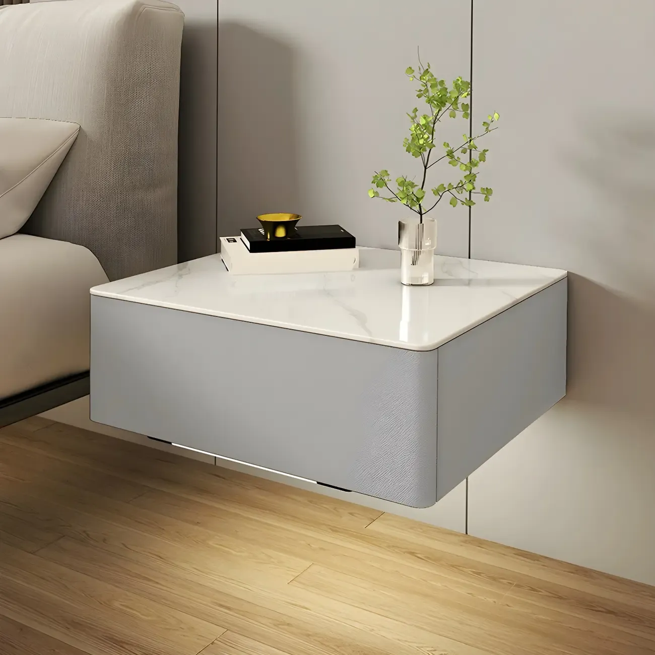 Modern Floating Stone Top Nightstand with Drawer