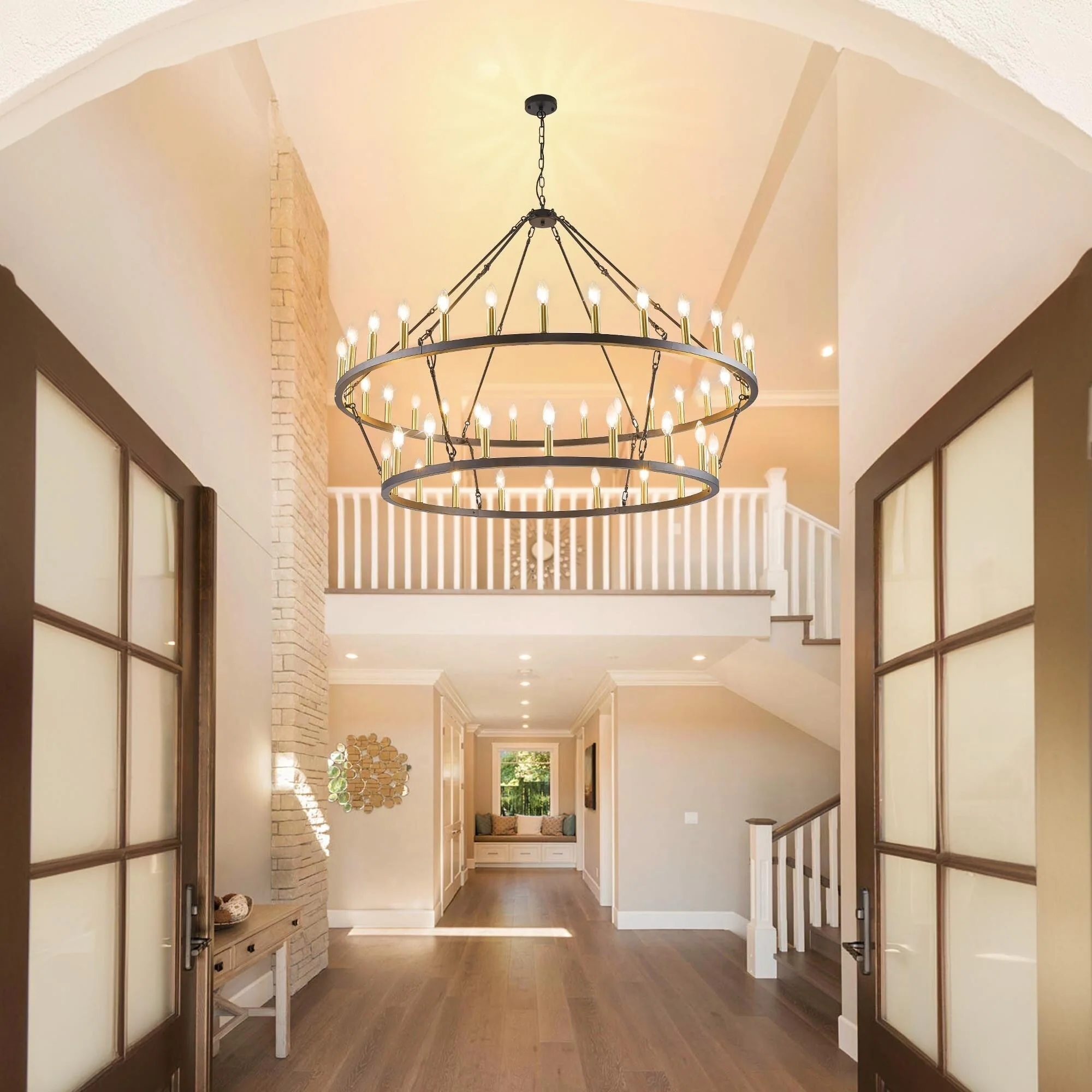 Modern Farmhouse Chandelier 2 Tier Round Wagon Wheel Chandelier Large High Ceiling Light.