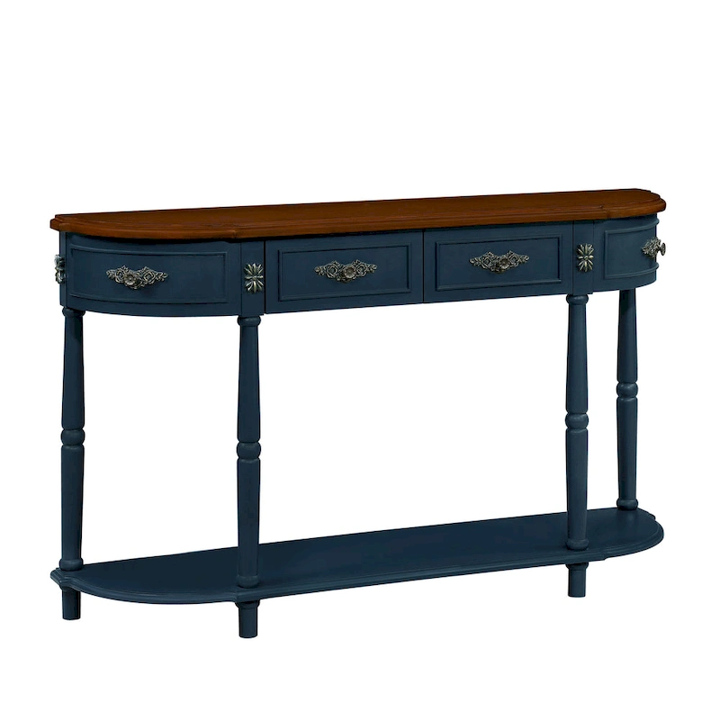 52 inch Circular Half Moon Sofa Table with Open Shelf and 2 Drawers