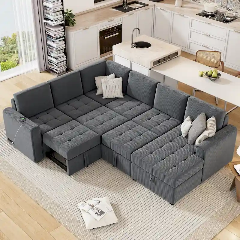 U-Shaped Sectional Sofa Pull-Out Bed with Storage Chaise Lounge and Built-In Charging Devices for Living Room