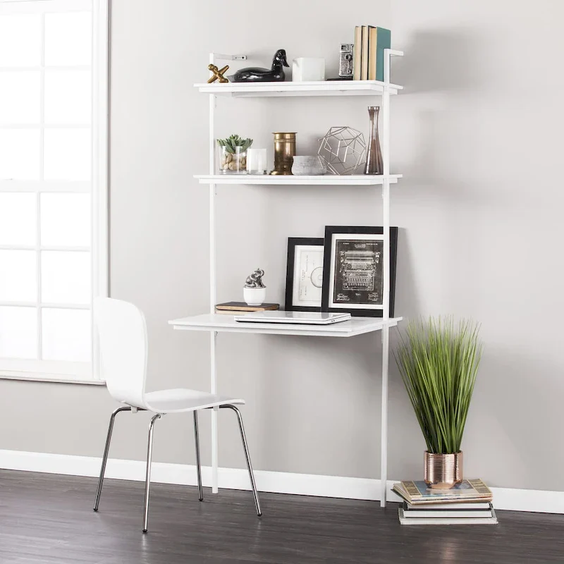 Wall Mount Floating Desk with Shelves - Matte White