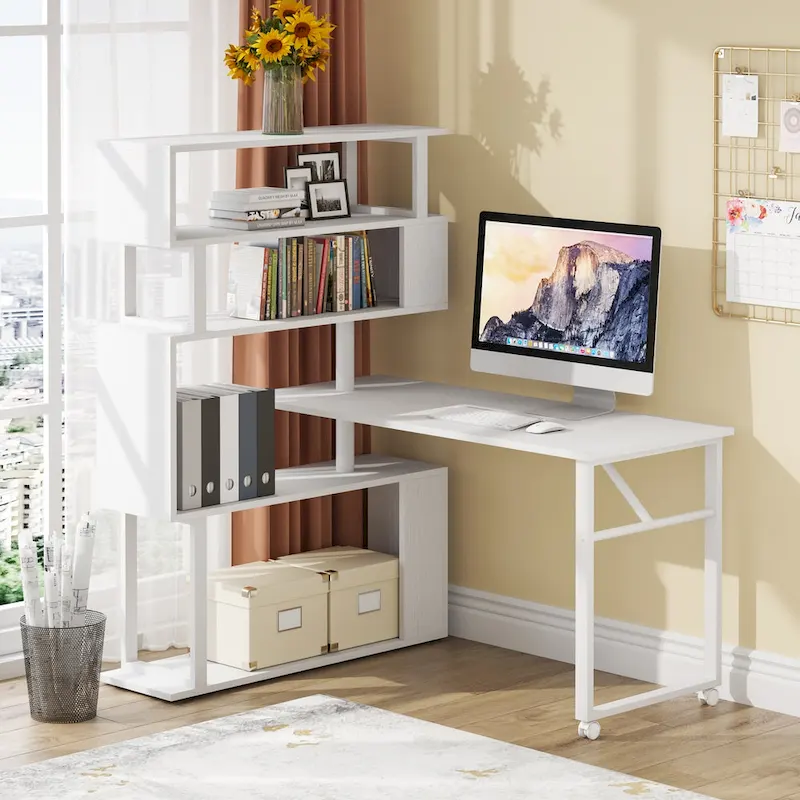 Rotating L-Shaped Computer Desk with 5-Shelf Bookshelf – White / Black / Brown / Grey, Modern Style