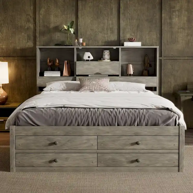 Queen Size Platform Bed with Storage Headboard and 8 Drawers, Gray