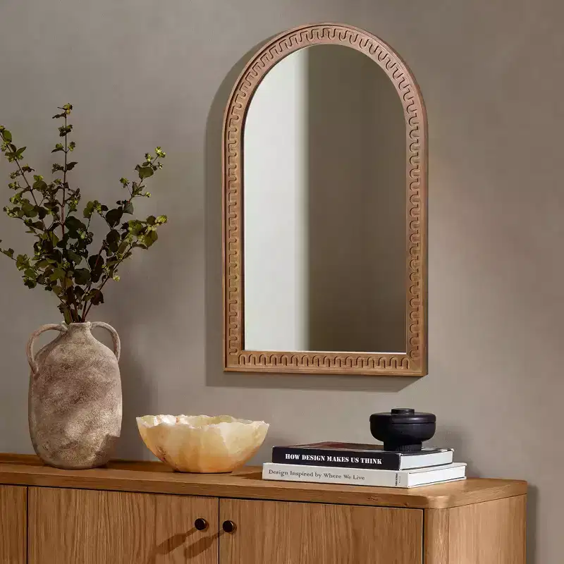 LuxenHome Arched Wall Mirror with Carved Rubberwood Frame, 39.4 H x 28.8 W Modern Farmhouse Accent Mirror Brown